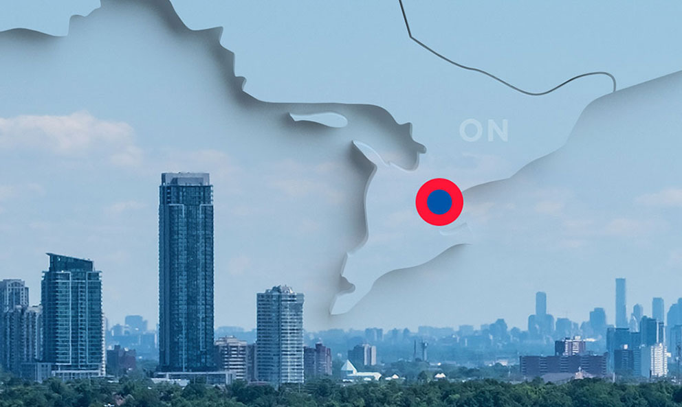 Ontario map with TForce Freight Canada Mississauga head office pinned overlaying city skyline