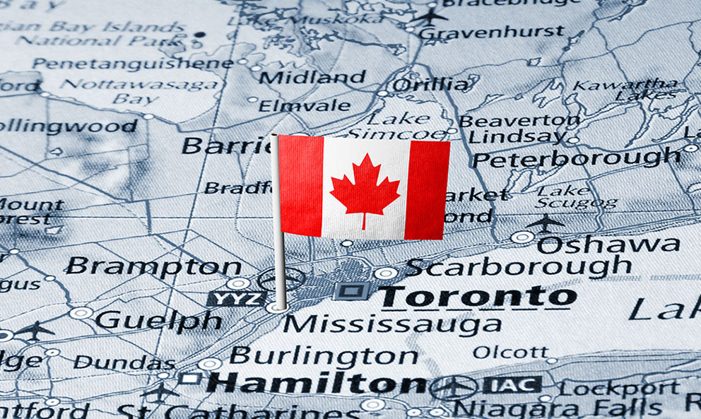Greater Toronto Area map of cities with Canada flag pinned on Mississauga 