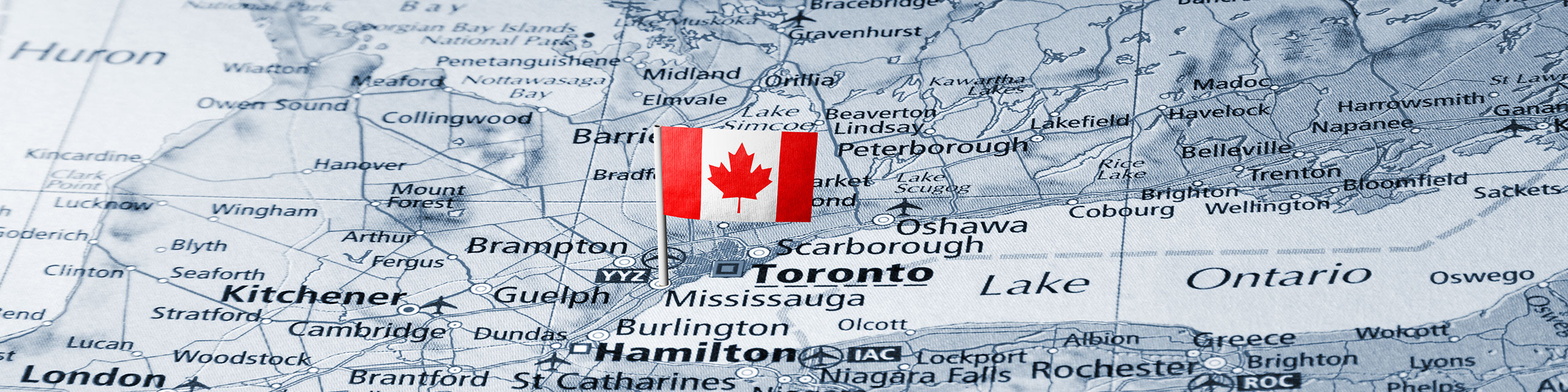 Greater Toronto Area map of cities with Canada flag pinned on Mississauga 