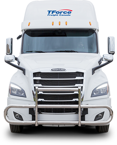Front-facing view of white TForce Freight Canada truck