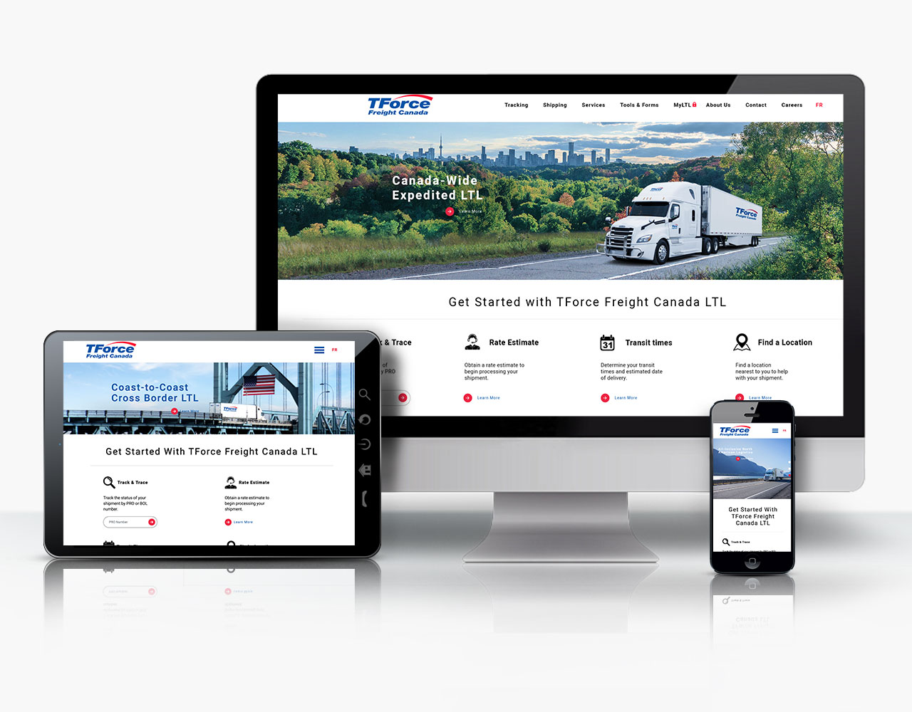 Desktop, tablet, mobile displays of TForce Freight Canada's new website
